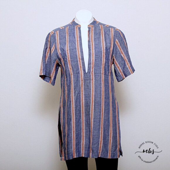 A.L.C. Striped V Neck Short Sleeve Linen Blend Long Tunic - Picture 5 of 9
